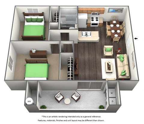 Floor plan for 2 beds, 1 bath, 840 sqft